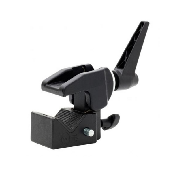 A black multi-functional super clamp with adjustable parts and a mounting bracket, designed for holding various equipment such as cameras and lights.