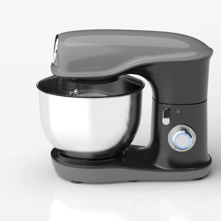 Black stand mixer with a silver bowl on a white background
