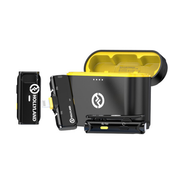 Hollyland LARK C1 DUO wireless microphone system, including two transmitters and a dual-channel receiver with charging case.