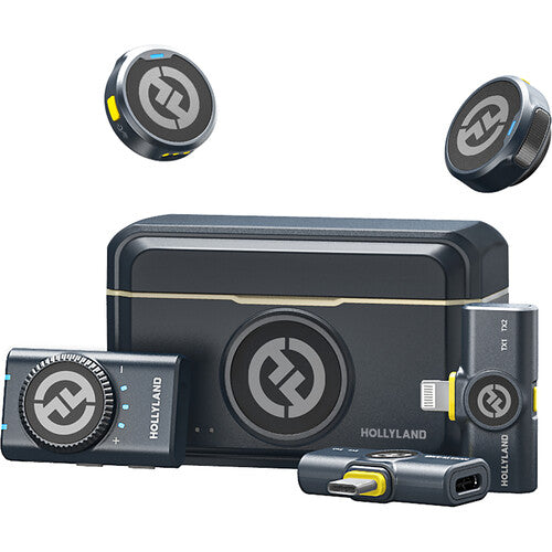 The image shows the Hollyland LARK M2 DUO 2-Person Wireless Combo Microphone System, including two black transmitters with omni mics and two black clip-on receivers, with the brand logo visible on each unit.