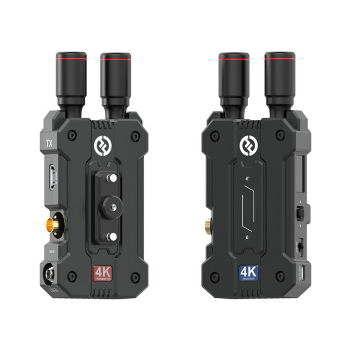 Two black Hollyland Mars 4K wireless video transmitter and receiver units with various ports and buttons visible.