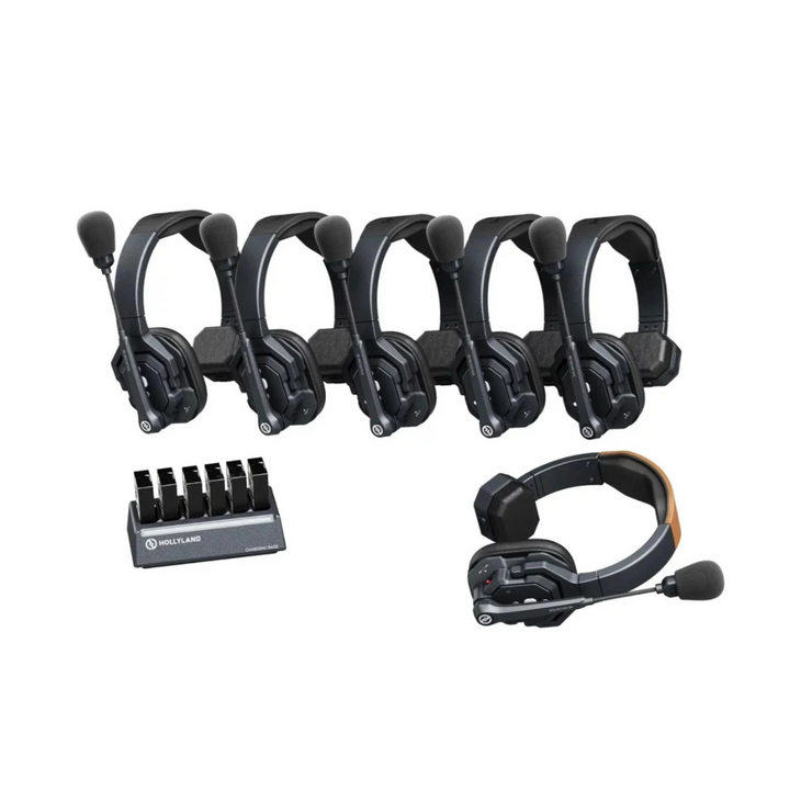 Set of communication headsets on a white background