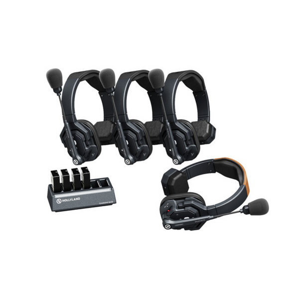 Set of communication headsets with a charging station on a white background