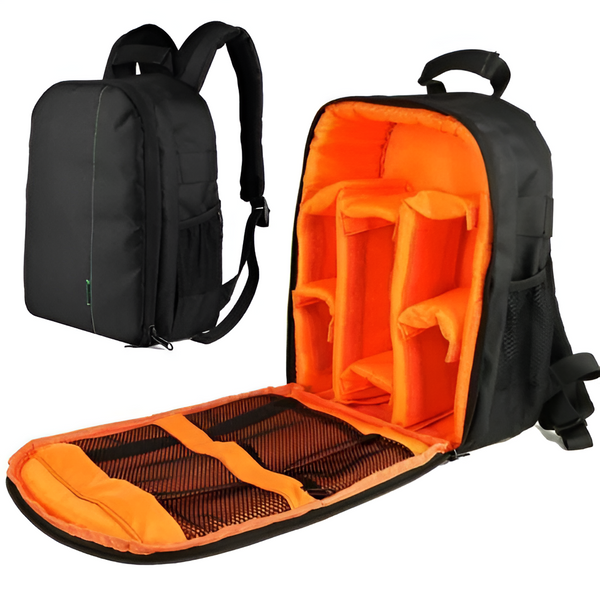 Black backpack with orange interior compartments on a white background