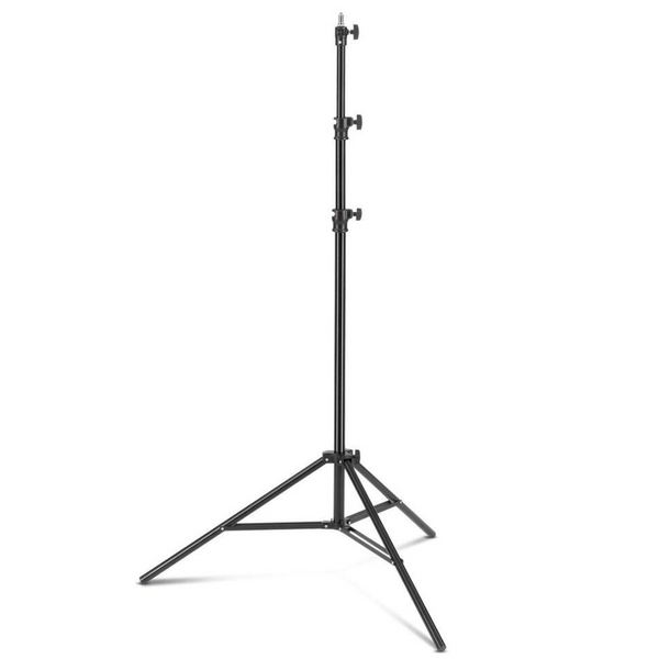 A black Jinbei 2.6 metre air cushioned light stand, with three sections and a tripod base, designed for studio applications.