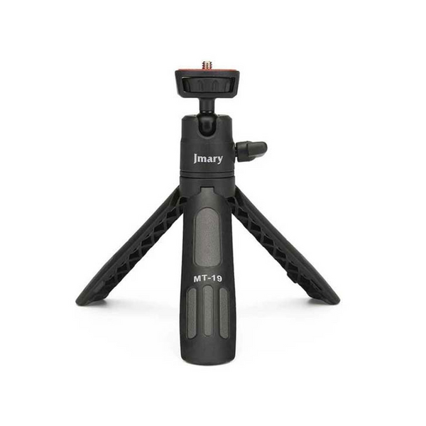 A black Jmary MT-19 mini tripod stand with an aluminum alloy ball-head, featuring a foldable design and a universal mobile phone holder.