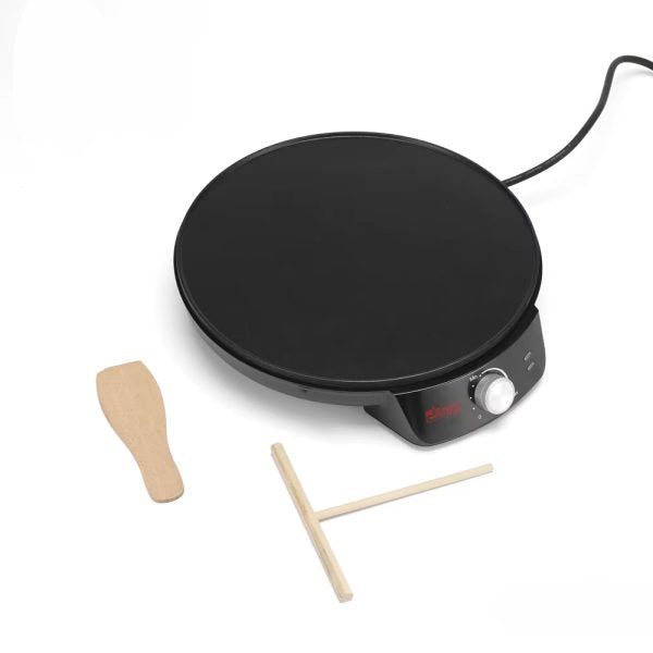 Black electric crepe maker with wooden spatula and sticks on a white background, featuring the DSP brand.