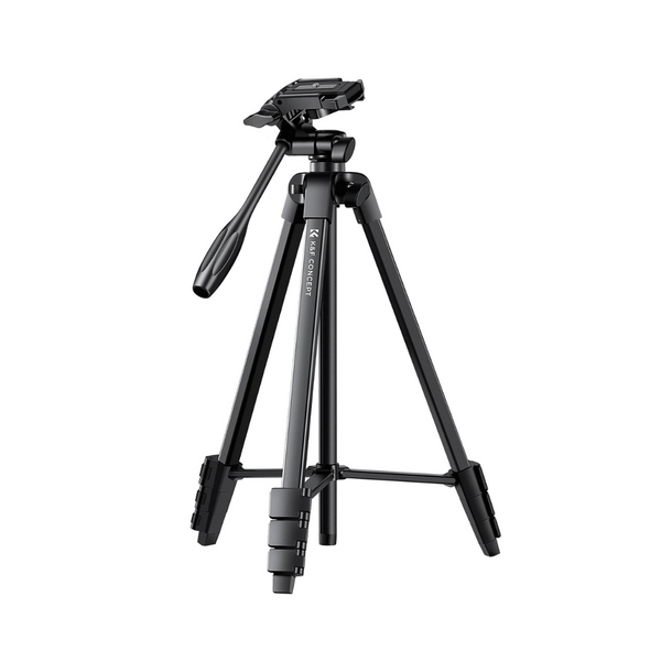 A black K&F Concept 1.5M travel tripod with Bluetooth remote, displayed in an upright position.