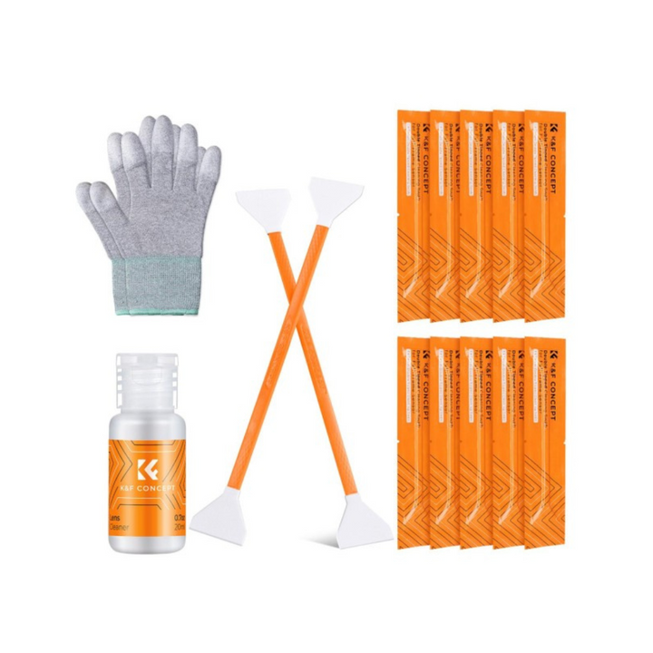 A set of 10 double-headed cleaning sticks, a 20ml cleaning solution bottle, and a pair of gloves designed for camera sensor cleaning.