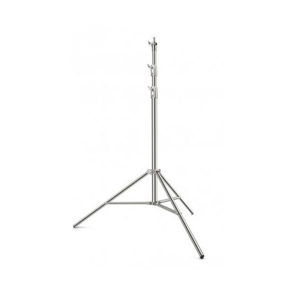 A silver, adjustable photography light stand with a three-way mounting interface and a locking knob.