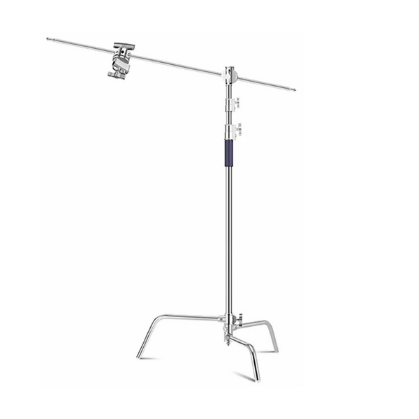 A silver heavy duty C-shaped studio stand with a boom arm, made of stainless steel, against a white background.