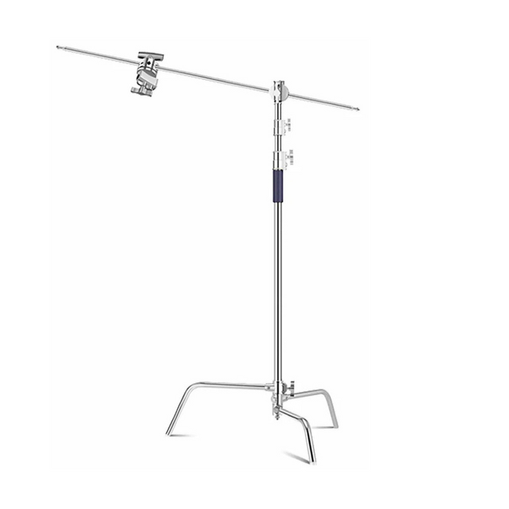 A silver heavy duty C-shaped studio stand with a boom arm, made of stainless steel, against a white background.