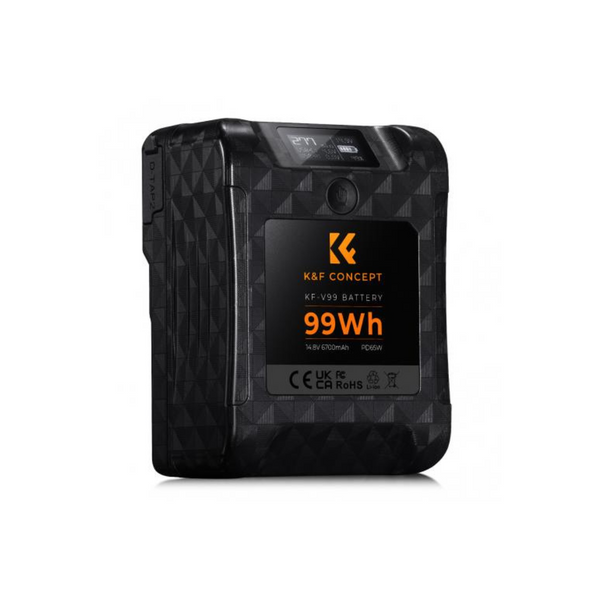 A K&F Concept 99Wh V Mount Battery with a black textured casing and digital display indicating the battery status.