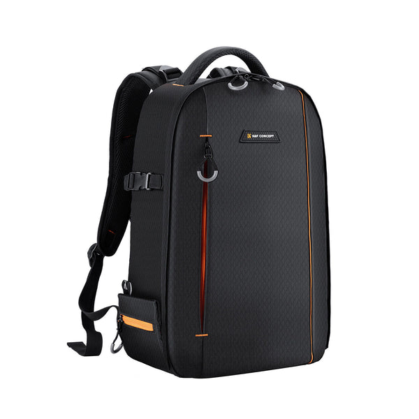 Black backpack with orange accents on a white background