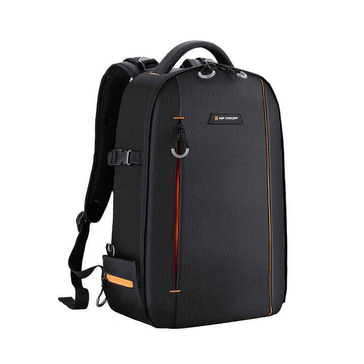 Black backpack with orange accents on a white background