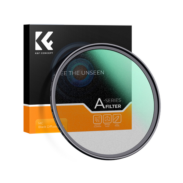 A K&F brand lens filter product image with its packaging, indicating features such as being waterproof, HD, anti-scratch, and having a green coating.