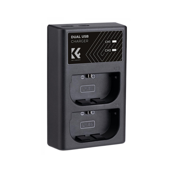 A black K&F brand dual USB charger with two charging ports for Canon LP-E6NH batteries.