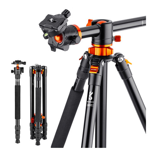 A black and orange K&F brand camera tripod with four-section aluminum legs, a ball head, and twist locks. The tripod is shown in multiple positions, including folded and set up.