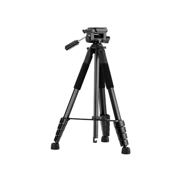 A black K&F Concept 1.9M travel tripod with Bluetooth remote, displayed in an extended position.