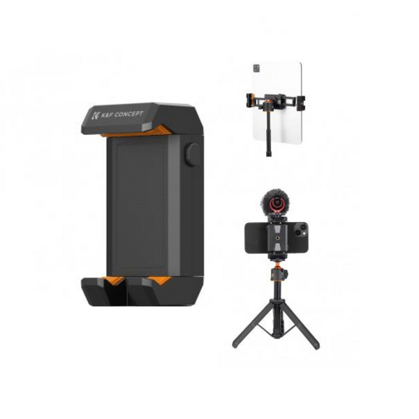The image shows a black and orange K&F Concept tripod adapter holder with a mobile phone clamp, along with a cold shoe mount and tripod base.