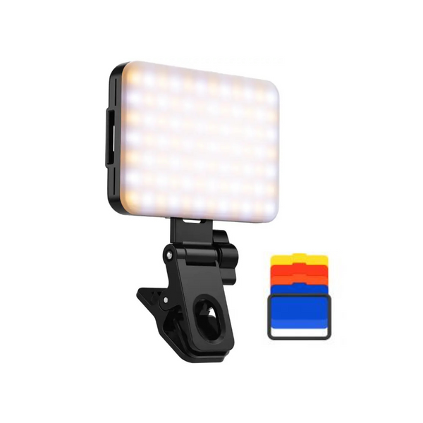 A compact LED video light with a clip-on design, showing the light panel, a 1/4 screw hole converter, and color filter.