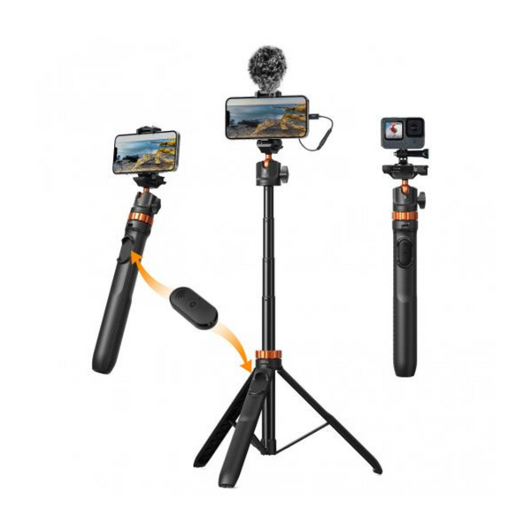 A black and orange K&F Concept tripod selfie stick with an adjustable leg and a Bluetooth remote control, displayed in a three-position setup showing the tripod, selfie stick, and adapter for cameras or smartphones.