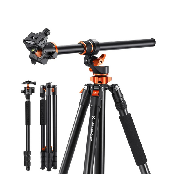 A black and orange magnesium alloy tripod with a ball head, shown in various positions including folded, extended, and monopod modes.