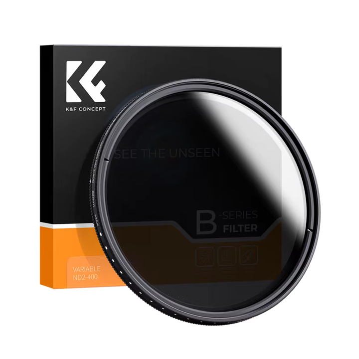 A K&F Concept variable ND filter, with a range of ND2 to ND400, displayed alongside its packaging box.