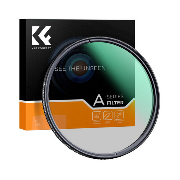 A K&F Concept circular polarizer filter for cameras, with an A-series label, packaging box, and a visual representation of the filter's appearance.