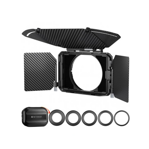 A black matte box kit with two lens frames and adapter rings, designed for use with DSLR and mirrorless cameras to prevent glare and flare.