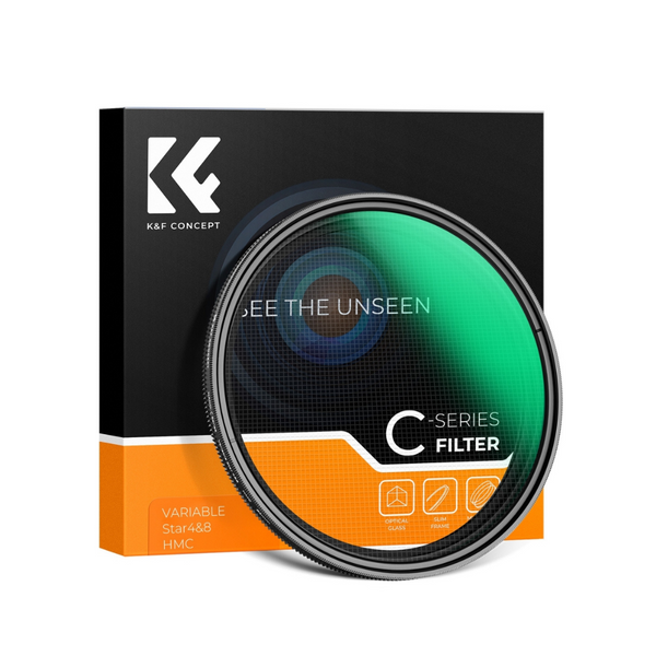 A variable star 4&8 filter with its packaging, which includes a black box with orange and white accents. The filter itself appears circular with a green tint and the brand logo 'K&F' prominently displayed.