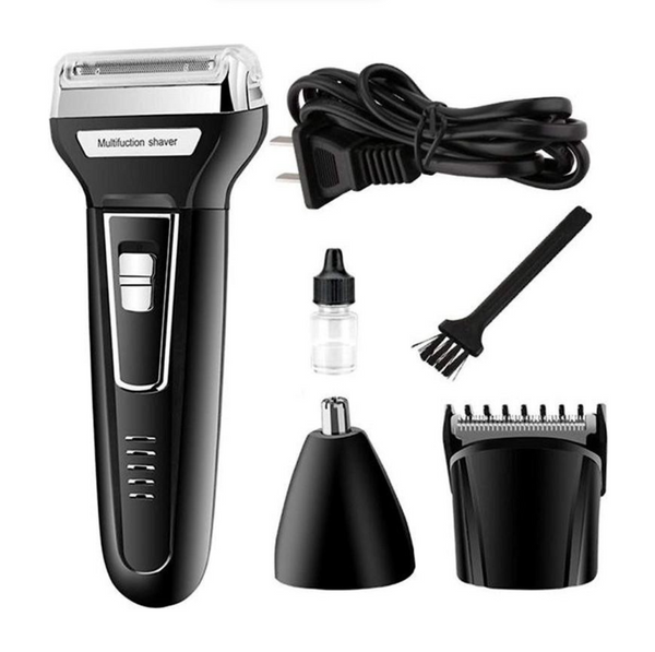 Multifunctional shaver with attachments on a white background