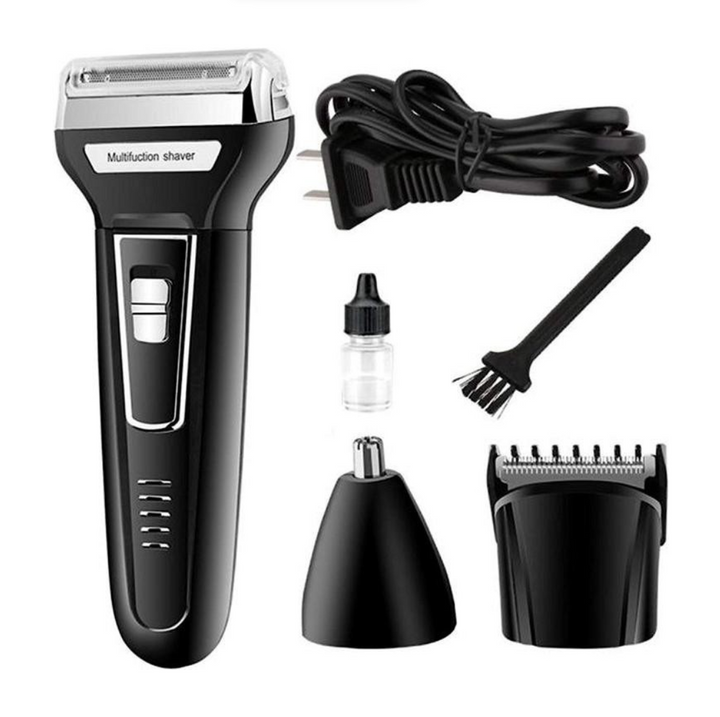 Multifunctional shaver with attachments on a white background