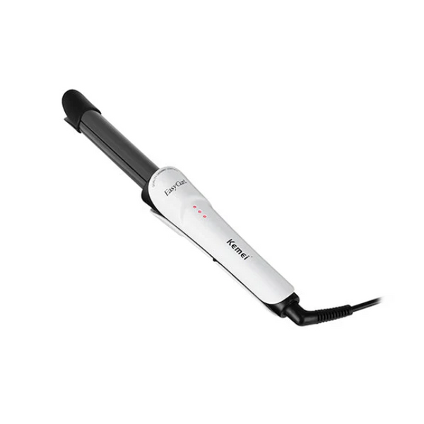 White hair curling iron with black accents on a white background