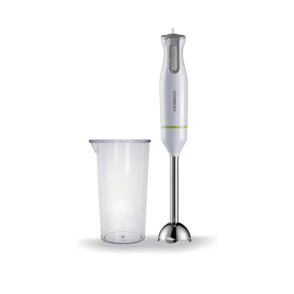 Hand blender with a clear container on a white background