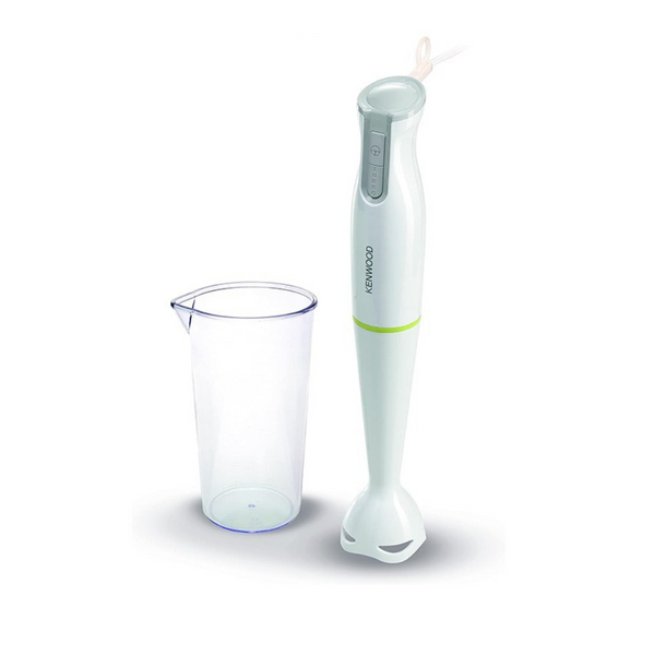Kenwood hand blender with a white body and green detailing, alongside a clear measuring cup.