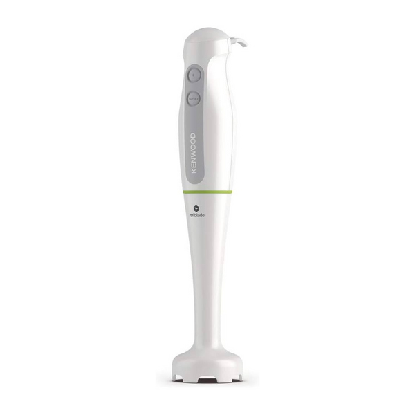 A white Kenwood Triblade hand blender with a blending wand and two buttons on the handle.