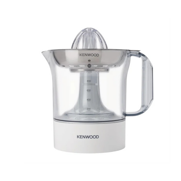 A Kenwood citrus press electric juicer, with a white body and clear jug, displaying the brand name on the base.
