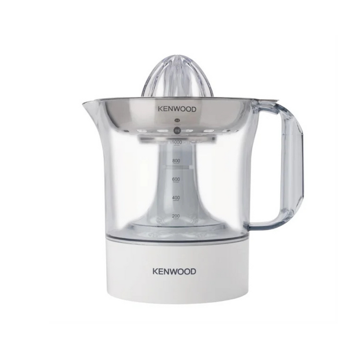 A Kenwood citrus press electric juicer, with a white body and clear jug, displaying the brand name on the base.
