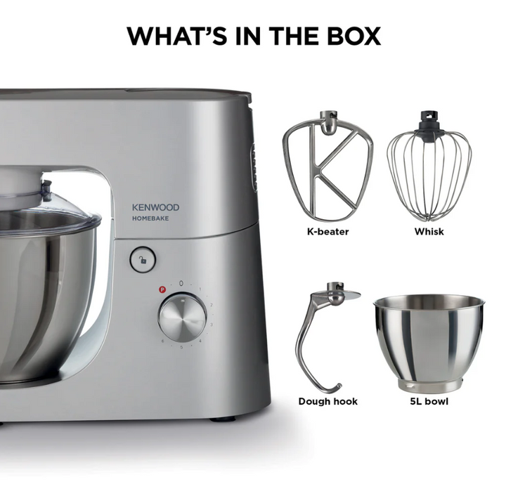 Kenwood home kitchen mixer with attachments on a white background
