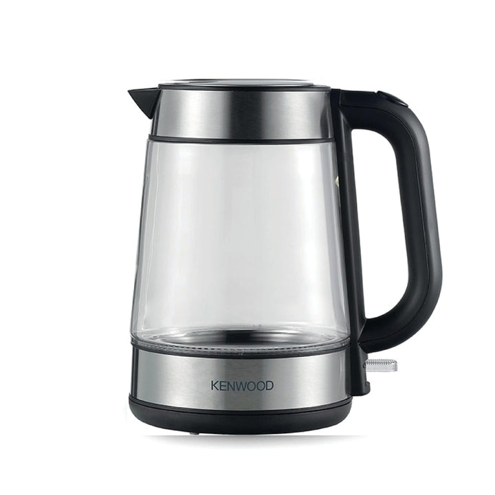 Kenwood electric kettle with clear glass body and black handle on a white background
