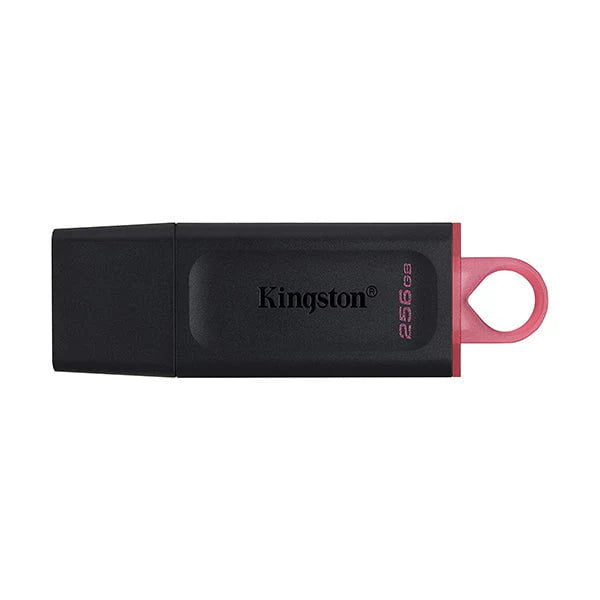 A Kingston DataTraveler Exodia 256GB USB 3.2 flash drive with a black body and a pink loop for attaching to key rings.