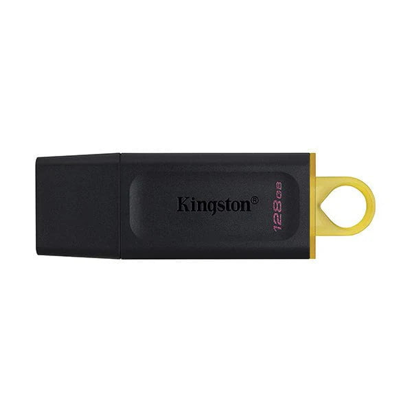 A black Kingston DataTraveler Exodia 128GB USB 3.2 flash drive with a yellow loop for key ring attachment.