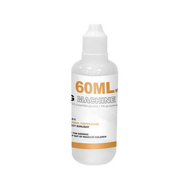 A bottle of 60ML fog machine fluid with a white and orange label, designed for use with LENSGO fog machines.