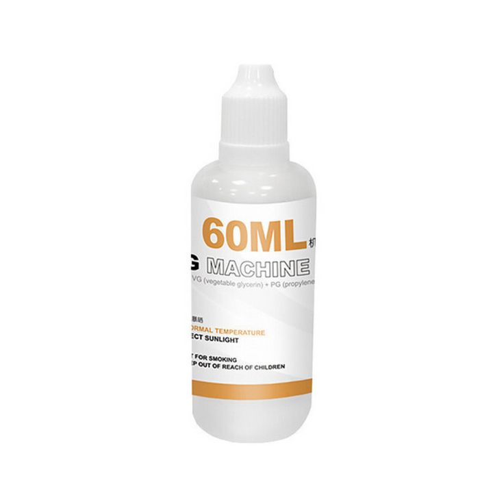 A bottle of 60ML fog machine fluid with a white and orange label, designed for use with LENSGO fog machines.