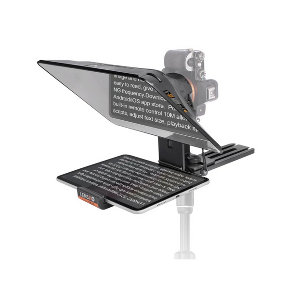 A professional teleprompter with a prompter screen and a camera mounted on top, designed for video production.