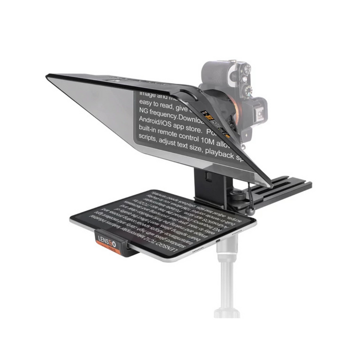 A professional teleprompter with a prompter screen and a camera mounted on top, designed for video production.