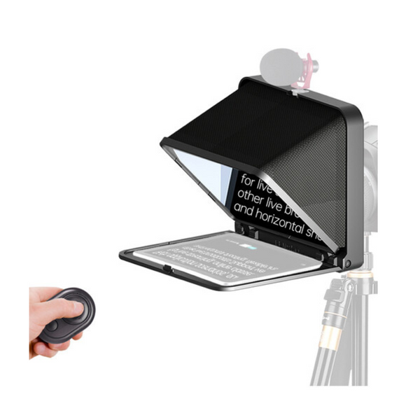 A portable teleprompter with an open black hood displaying a prompt, mounted on a stand, with a Bluetooth remote control shown in the hand.