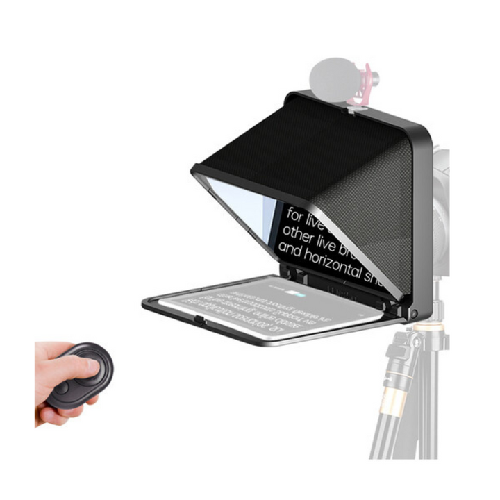 A portable teleprompter with an open black hood displaying a prompt, mounted on a stand, with a Bluetooth remote control shown in the hand.