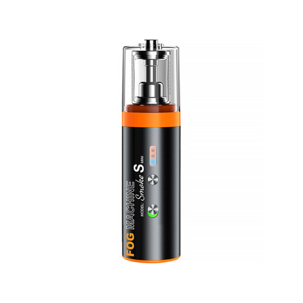 A portable black and orange Lensgo FOG Machine Smoke S Mini 15W with a clear glass top, visible control buttons, and a hose attached.